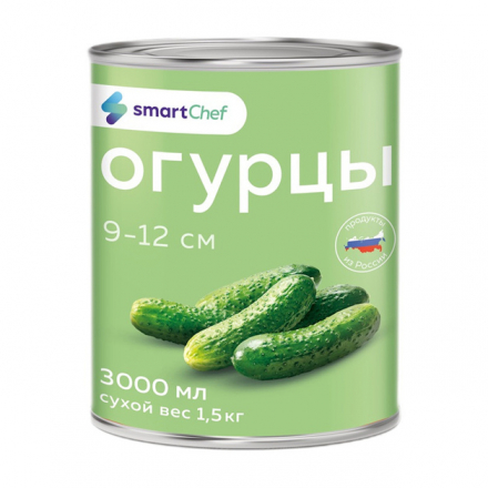 Огурцы Маринованные Smart Chef 9-12см 3л ж/б Сухой Вес 1,5кг ж/б